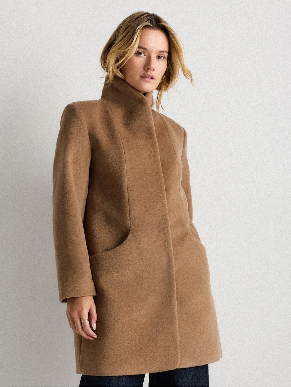 Aritzia Camel High-Neck Wool-Blend Trench Coat